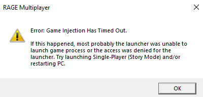 Unable to launch game. Error: game Injection has timed out. Ошибка при запуске ГТА 5 РП. Ошибка Rage Multiplayer. Ошибка при запуске Rage MP.